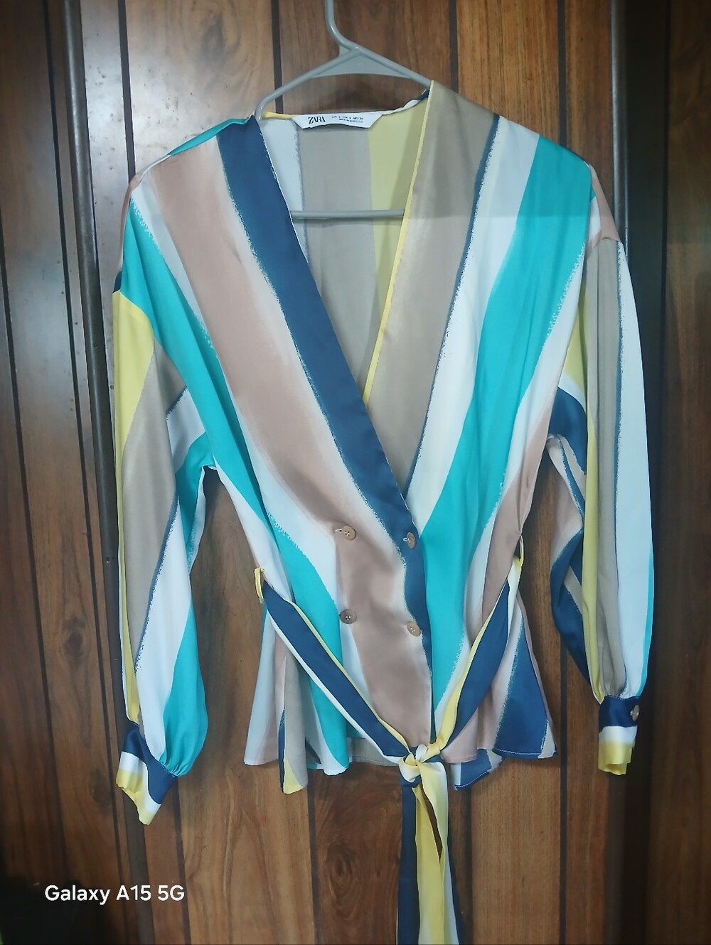 Zara Striped Button-Down Wrap Shirt in Teal, Navy, Beige & Yellow